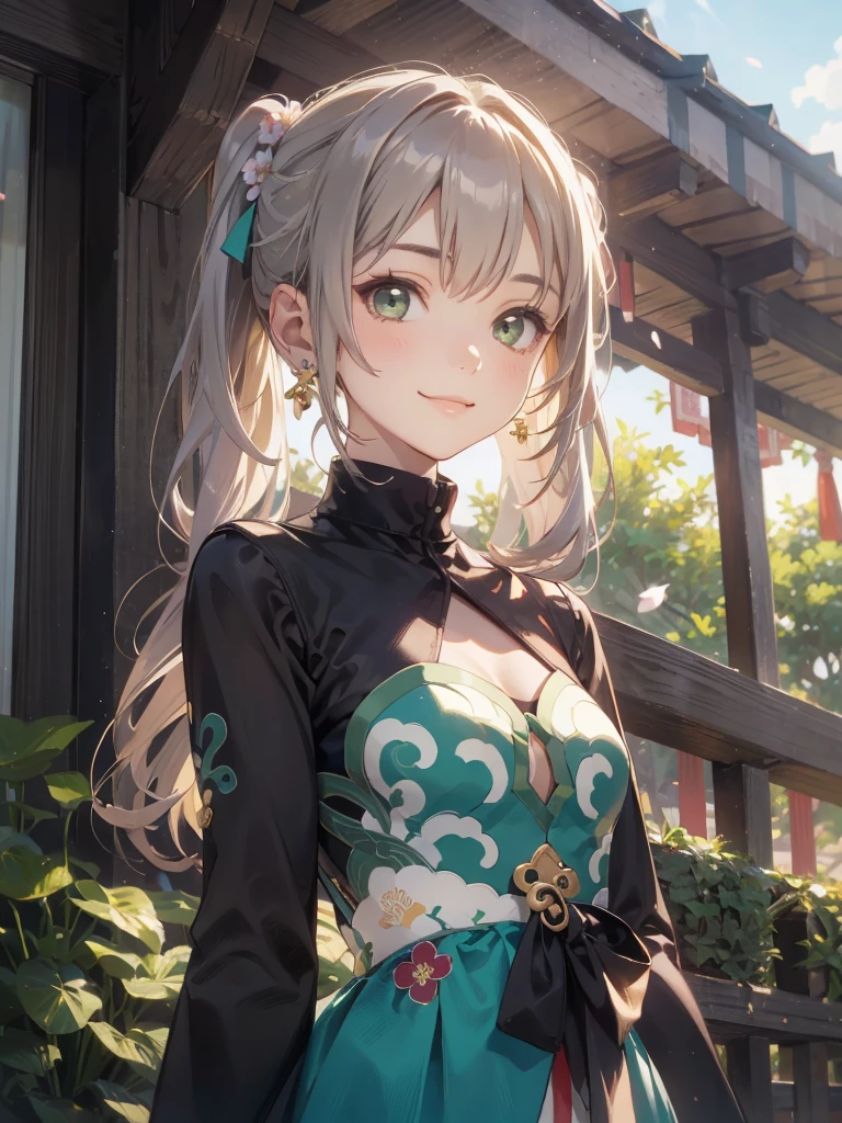 1girl,tarte green eyes twintail, side locks, Best Quality, (masutepiece:1.2), Highly detailed, ((Beautiful flowers々in a garden)), Sun'rays, ((qingque, smiling)),1girl, solo, jewelry, earrings, long hair, grey hair, bangs, drill hair, , Upper body, 1girl in, Solo, ((Taishōben))、(From below))、, Looking at the viewer, 