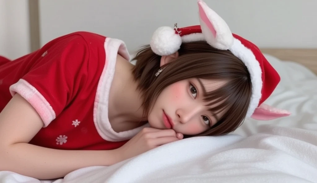 of,slim,small breasts,tattoo,very short hair,santa costume,off-shoulder ,glasses,((full body:1.5,portrait:1.5,1girl, highres icon,incredibly absurdres,realistic,photo \(medium\),from above:1.5)),hands on own chest,bent over,breasts squeezed together,Lying on the bed、 from directly above、Legs apart