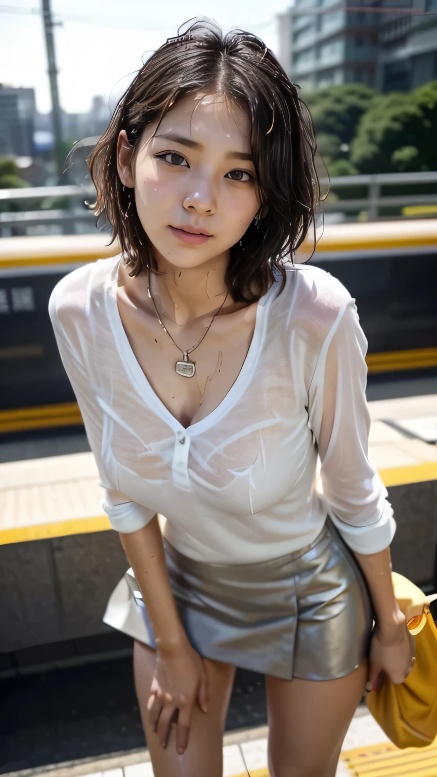 Best Quality, Masterpiece, Ultra High Resolution, (Fidelity: 1.4), Photo, 1 Girl, [(Scared, Frightened)], White Shirt, Dim, Dark, Despair, Mercy, Pity, Movie, Tears, Teardrops, (Torn Clothes: 1.5), (Wet Clothes: 1.4), Soaked, Exposed Shoulders, Real Rain, Short and Medium Hair (Wet Hair: 1.4), On the Road of the City, Quarters, Jean Shorts