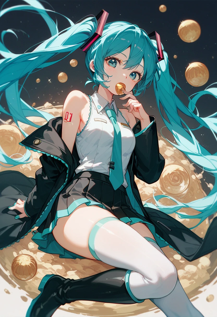  Hatsune Miku、 black coat、 long boots、 stockings、mini skirt 、 sleeveless knit、Loudspeaker around the mouth