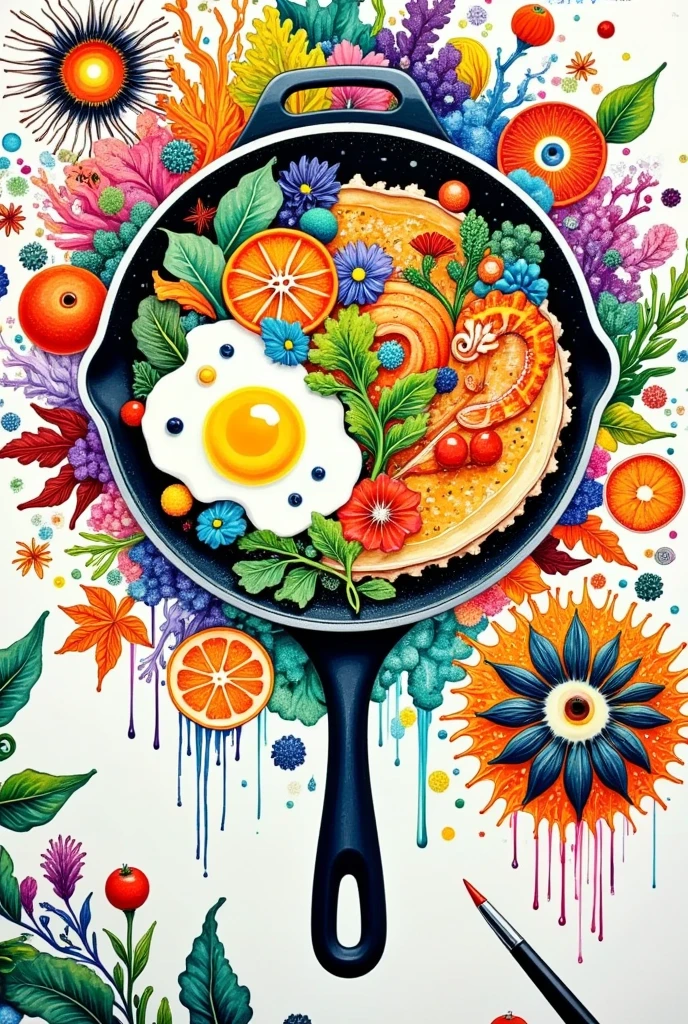 acrylic paint \(medium\),artist name,autumn leaves,carrot,colorful,egg,fire,fish,flame,food,food focus,fried egg,frying pan,leaf,lemon,marker \(medium\),no humans,onion,orange \(fruit\),orange flower,orange slice,orange theme,painting \(medium\),pancake,pizza,rice,seaweed,shrimp,signature,simple background,solo,syrup,tomato,traditional media,watercolor \(medium\),watermark,white background,One eye,eye