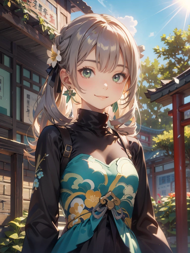 1girl,tarte green eyes twintail, side locks, Best Quality, (masutepiece:1.2), Highly detailed, ((Beautiful flowers々in a garden)), Sun'rays, ((qingque, smiling)),1girl, solo, jewelry, earrings, long hair, grey hair, bangs, drill hair, , Upper body, 1girl in, Solo, ((Taishōben))、(From below))、, Looking at the viewer, 