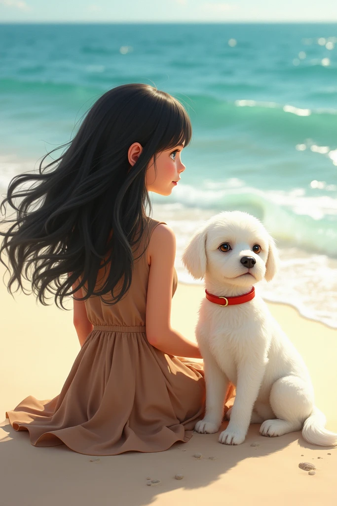 Little girl with dog on a cuss by the sea