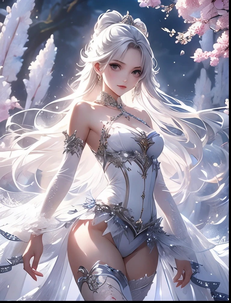(((SFW、Precision、Highest quality、A first-class masterpiece、Normal body、8k、 Detailed Face 、Ultra-precision、 Normal hand、5refer to、Highest)))、 Beautiful silver-haired girl wearing an eccentric high-leg costume
