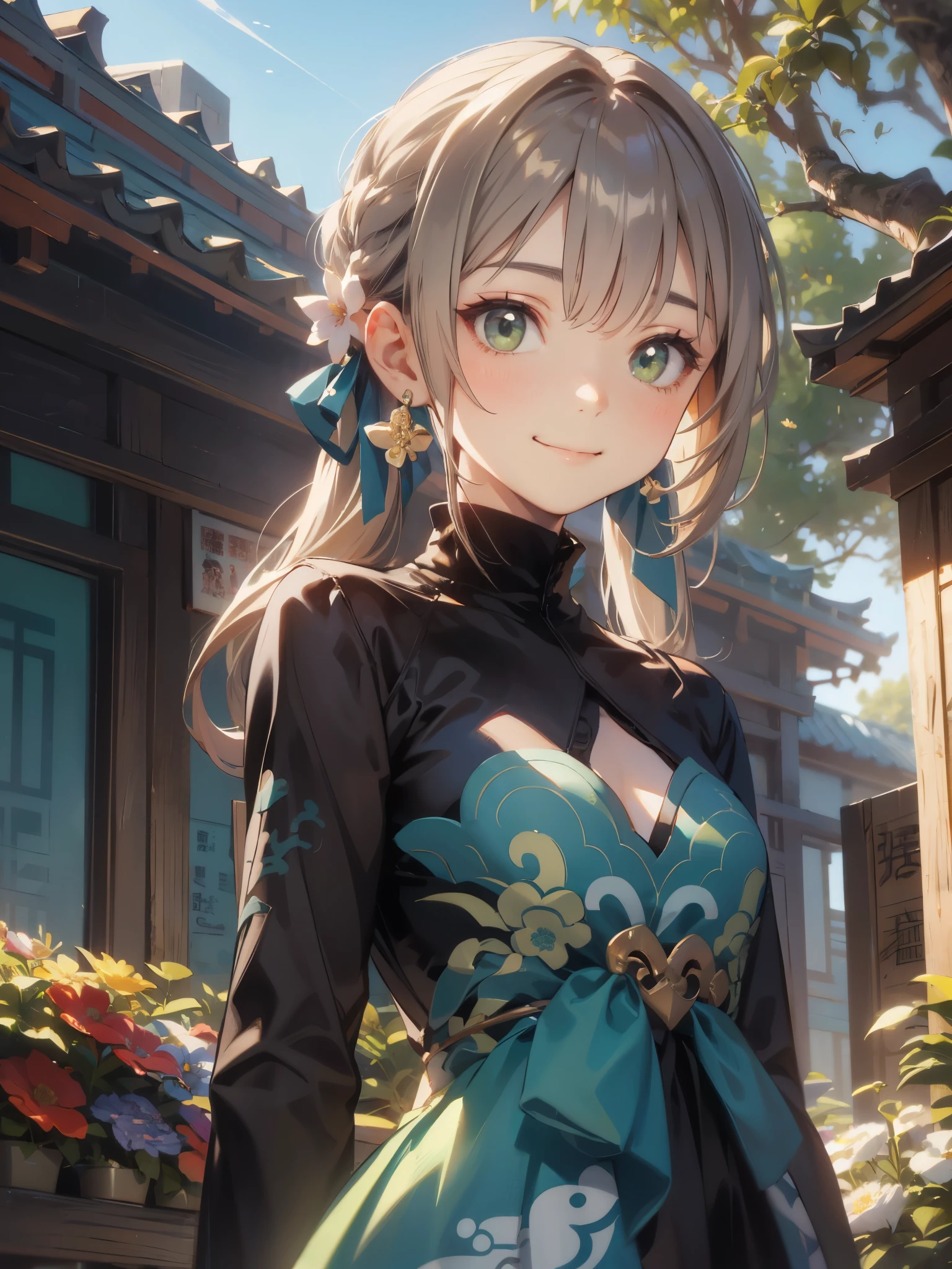 1girl,tarte green eyes twintail, side locks, Best Quality, (masutepiece:1.2), Highly detailed, ((Beautiful flowers々in a garden)), Sun'rays, ((qingque, smiling)),1girl, solo, jewelry, earrings, long hair, grey hair, bangs, drill hair, , Upper body, 1girl in, Solo, ((Taishōben))、(From below))、, Looking at the viewer, 