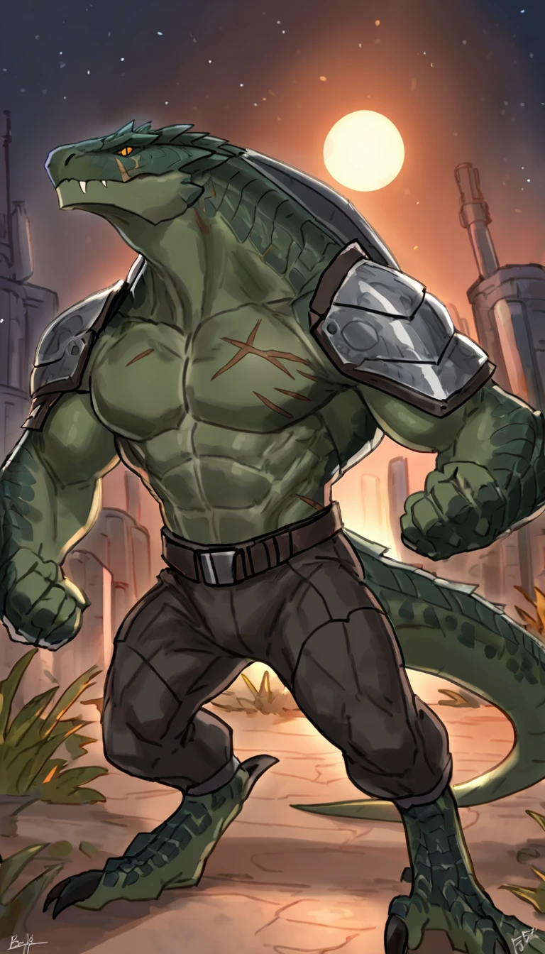Muscular monster lizardfolk, solo, pants, mercenary, dark green body, body made of steel, strong, armless transparent tight tarpaulin, metallic scales, black belly, scars on body, 1male solo, anthro, muscular, wide back, small waist, thick tail, thick scales on the shoulders, marked jaw, pecs, big pecs, pants, full body, comicbook style, night time, best quality, 4k, ultra-detailed, by Buta99, by laobai, by taran fiddler,