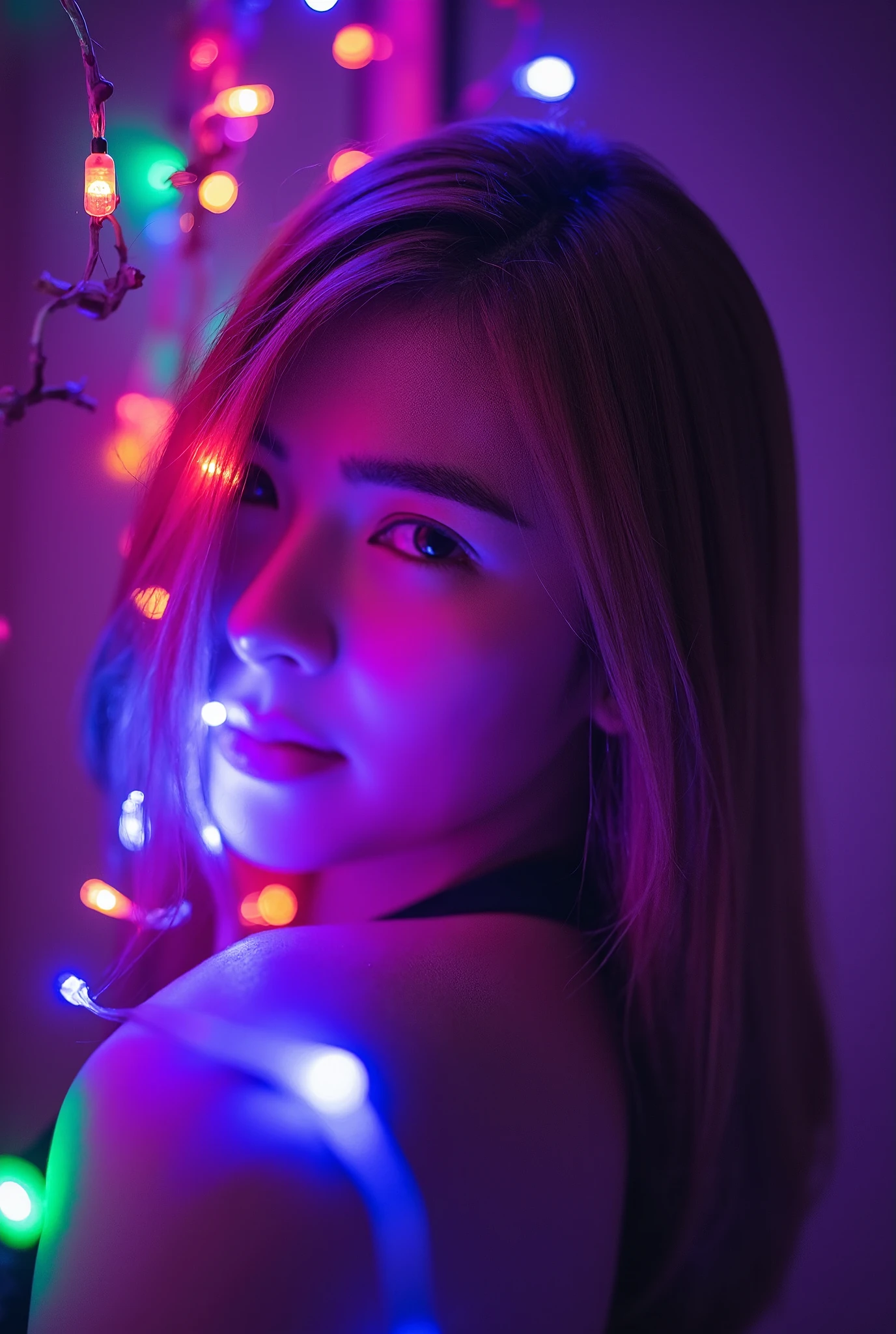 A young Thai woman is wrapped in colorful string lights, glowing with vibrant colorful tones, creating a dreamy and festive atmosphere. A camera flash illuminates her, casting a bright light on her silhouette and facial features, while the rest of the scene remains in soft darkness. The contrast between the flash and the string lights highlights her figure dramatically, blending soft shadows with intense light bursts. The background is dark, allowing the lights to stand out vividly. The shallow depth of field creates bokeh effects, with orbs of light in various sizes and colors scattered across the image. The background is adorned with an abundance of multicolored bokeh, adding layers of vibrant, playful energy to the scene. The overall composition feels intimate, creative, and cinematic, with the focused flash enhancing the subject while maintaining a surreal, whimsical atmosphere.
