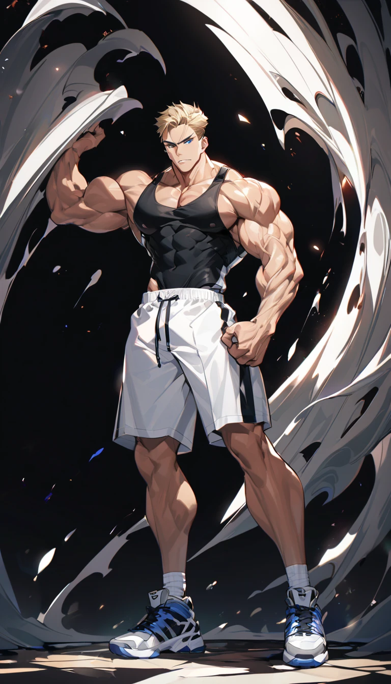 A muscular man wearing a red, yellow, blue and white fitness outfit,Cool hairstyle