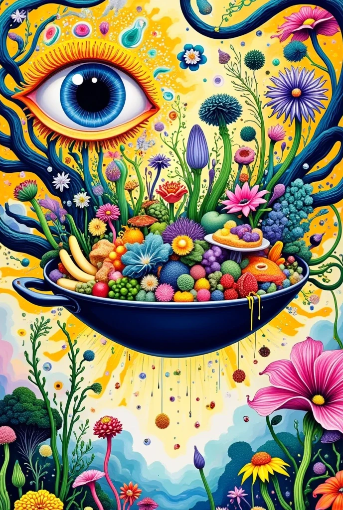  paint a pan with food and flowers, amazing food illustration,   are colorful， rich in detail ,  bright and surreal , Colorfull illustration, hyperdetailed Colorful,  very complex and colorful ,  Very detailed painting,  intricate colorful masterpiece ,  intricate biological painting , Colorful!!  Very detailed,  brightly colored illustrations , Colorful explosion,  is just a joke ,  Food Art , By food