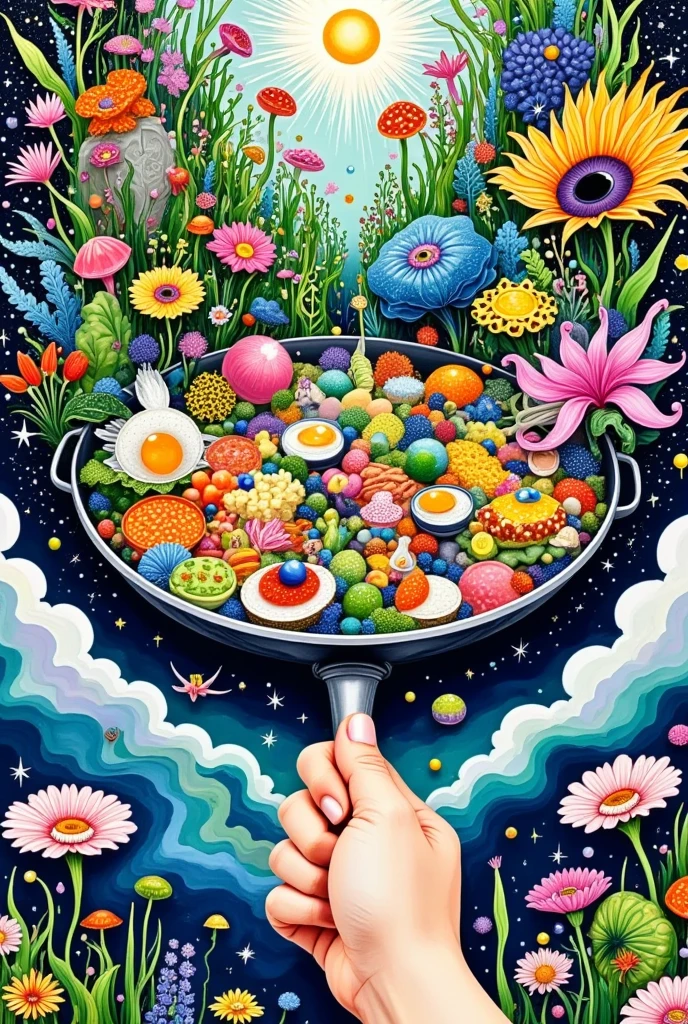  A detailed painting ， depicts a frying pan with food and flowers, Pearl Frush ,   shutterstock contest winner  , Psychedelic Art, amazing food illustration,   are colorful， rich in detail ,  bright and surreal , Colorfull illustration, hyperdetailed Colorful,  very complex and colorful ,  Very detailed painting,  intricate biological painting ,  intricate colorful masterpiece , Colorful!!  Very detailed