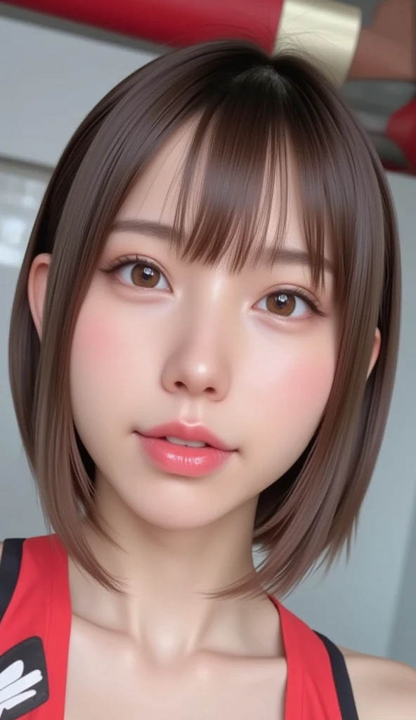 rthe same,the same, cute 21-year-old Japanese 、university student、sportswear、  very detailed face 、eye、double eyelid、Beautiful thin nose、 sharp concentration:1.2、Beauty:1.4、( light brown hair 、 short hair、),Pure white skin、、細身の体、  best quality 、masterpiece、 ultra high resolution、( photorealistic:1.4)、High resolution and professional lighting、Laughter、Big gym、 training、Please show your whole body、