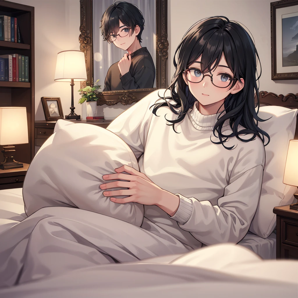 high quality, Masterpiece, A handsome young man with soft, delicate facial features and an enchanting charm. He has flawless, fair skin and large, expressive eyes with long lashes, wearing stylish glasses that enhance his intellectual yet playful appearance. His slightly wavy black hair frames his face perfectly. He is dressed casually in a comfortable sweater, sitting in a cozy bedroom. The background features a warm and inviting atmosphere with a neatly made bed, soft lighting, and subtle personal touches like books and a nightstand. He is hugging a pillow close to his chest, looking directly at the viewer with a playful and teasing gaze, creating a sense of lighthearted intimacy.