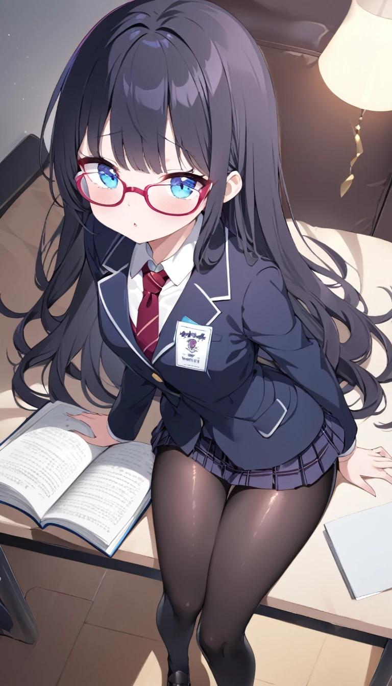 NSFW Uncensored Partial Unbanned Hairless Pussy Super High Definition One Girl, School Blazer, Uniform Committee Chairman, Purplish Black Hair, Long Hair, Blue Eyes, Beautiful Baby Face, Red, Slim, Small Square Glasses, Black Tights, Shiny Skin, Shiny Skin, Full Body Painting Textbook