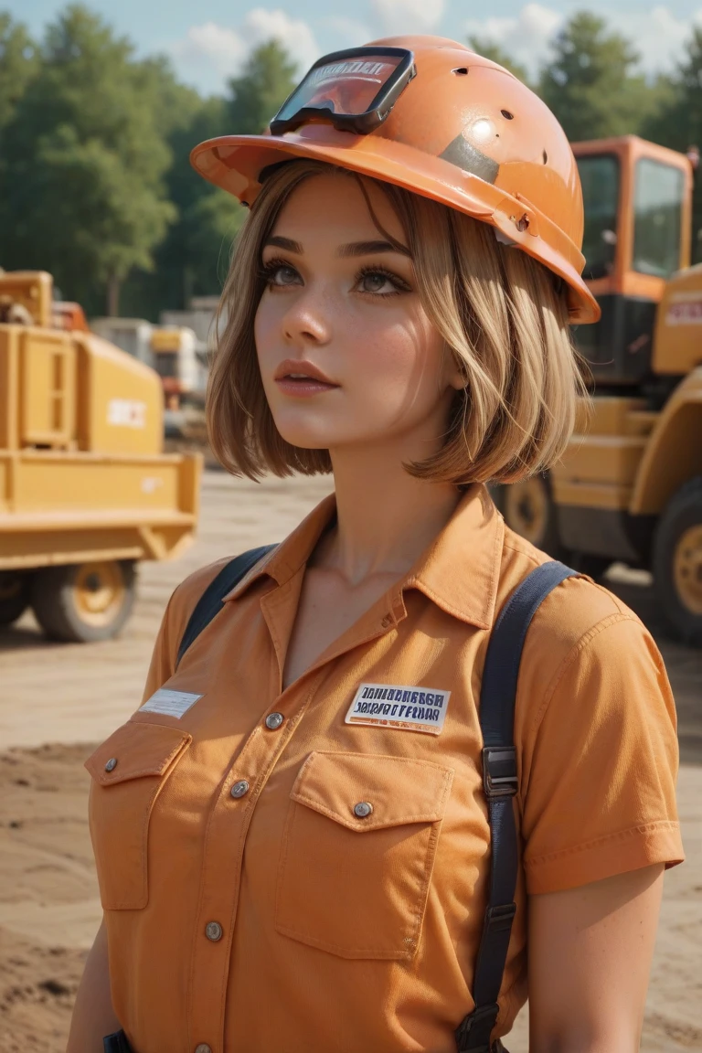 Actual quality,  super high definition ,  A beautiful young woman is wearing a work suit,  high definition ,  bob cut hair,  medium shot ,  smiles, random pause,  construction site background looking up,  wearing a helmet , Orange based work clothes ,  erotic