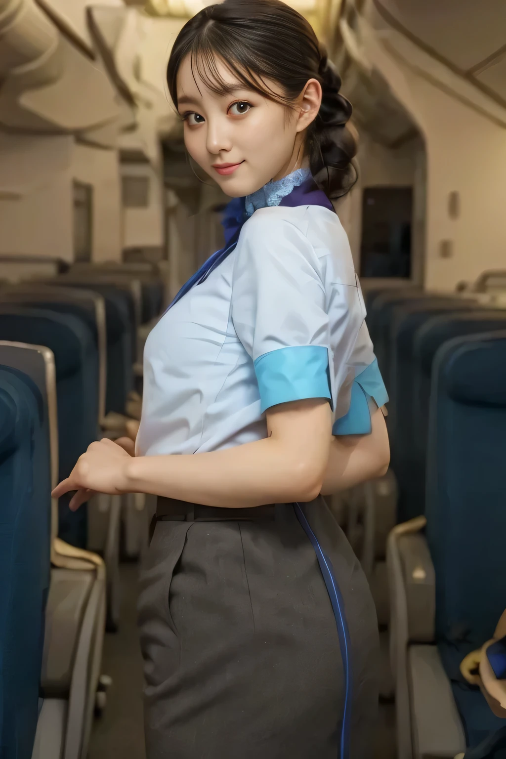 (masterpiece:1.2,  best quality:1.2), 32kHDR,  high definition, (Alone、  1 girl)、（ Rooftop of a building during the day 、 Professional Writing ）、 With the roof of a building in the background 、（ANA cabincrew uniform blueを着たリアルスタイル）、（（ANA cabincrew uniform blue blue short sleeve blouse 、ANA cabincrew uniform blue BLUE SKIRT WITH A BLUE LINE IN THE BACK、 Scarf around the neck ））、  lots of dark brown hair 、（Long Hair、Hair tied up、Hair tied up, Braid Summary Hair ）、  lots of dark brown hair 、Long Hit、Big Breasts、Thin legs、（（ amazing hands：2.0）），（（  Harmonious body proportions against the background of a building roof ：1.5）），（（Normal limbs：2.0）），（（Usually ：2.0）），（（  Delicate Eyes ：2.0）），（（Normal eyes：2.0））)、smile、（ANA cabincrew uniform blueを見せた美しい後ろ姿）、Hands crossed underneath 
