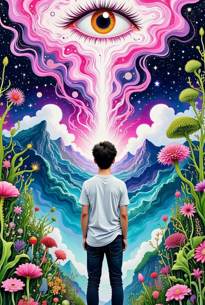  The painting is of a man standing in front of a mountain with big eyes,  This is a surrealist painting inspired by Cyril Rolando,  Behance Contest winning work , Psychedelic Art, Detailed Dreams, Dream Painting, Epic Surrealist 8k Oil Painting ,  Cyril Rolando Style , Wonderful fantasy landscape art , 富有远见的艺术风格,  Sci-fi Fantasy ,  Psychedelic surreal art 