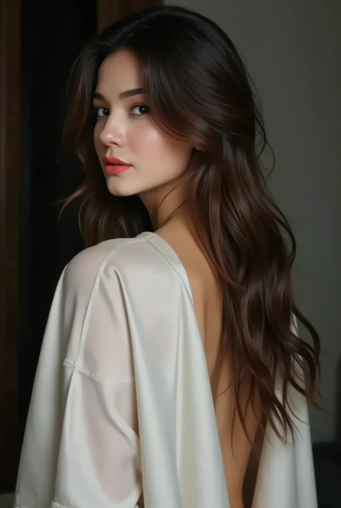 Amira stands with her back to the camera, her long brown hair is messy, as if she is bare back and only covered by a white satin blanket, her face is seen slightly to the left, her eyes are closed