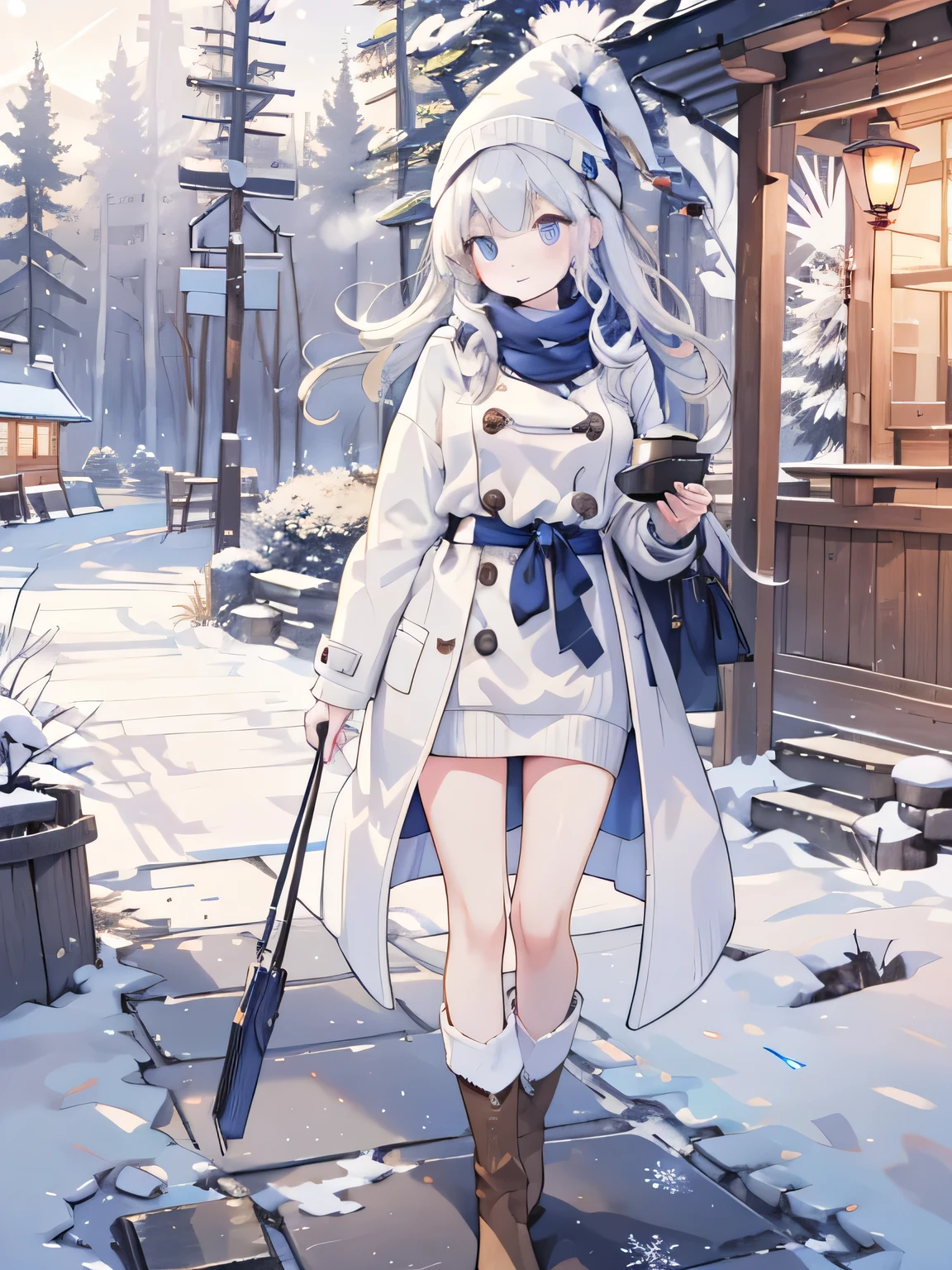 青い目, 大きな胸。in a casual winter outfit, wearing a navy blue sweater with snowflake patterns, a short camel-colored coat, beige boots, and a white knit beanie. She stands in front of a snowy mountain lodge, surrounded by frosty pine trees and glowing lanterns.