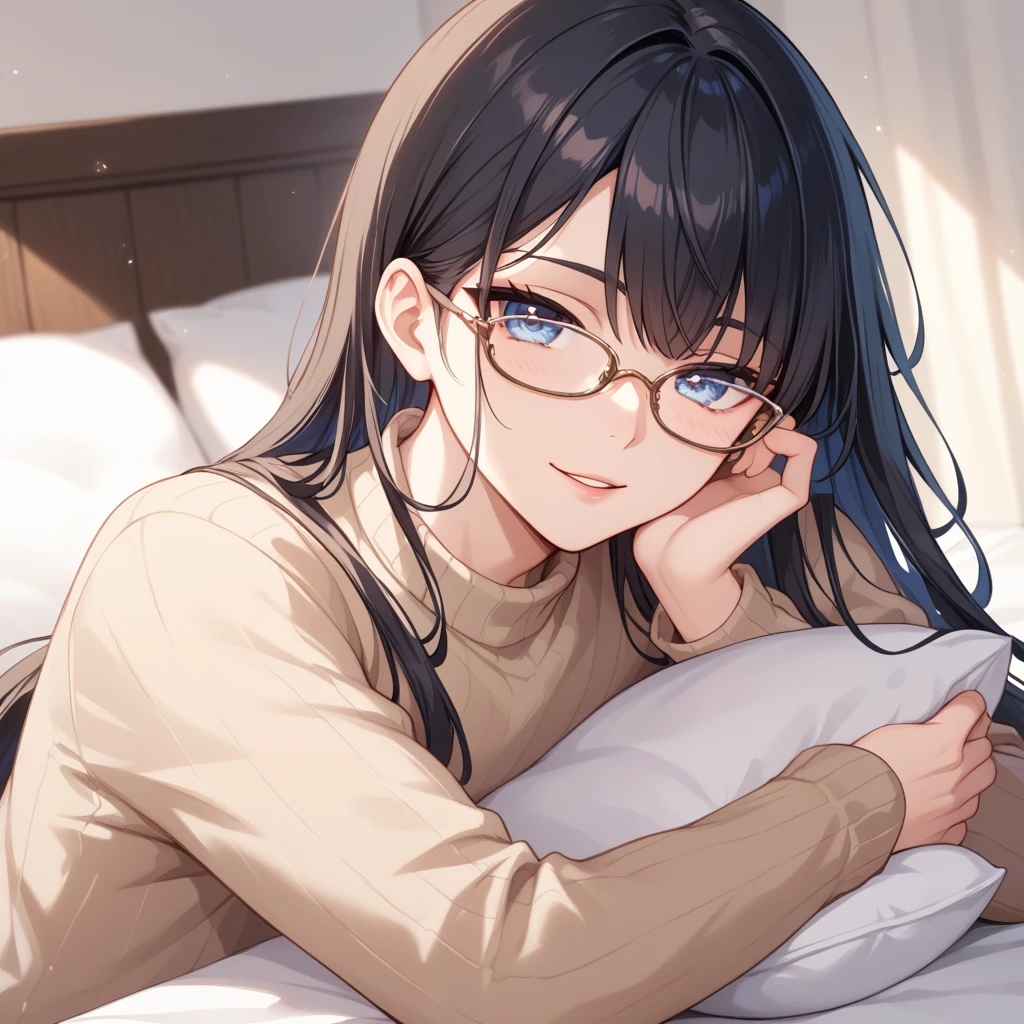 high quality, Masterpiece, A handsome young man with soft, delicate facial features and an enchanting charm. He has flawless, fair skin and large, expressive eyes with long lashes, wearing stylish glasses that enhance his intellectual yet playful appearance. His slightly wavy black hair frames his face perfectly. He is dressed casually in a comfortable sweater, sitting in a cozy bedroom. The background features a warm and inviting atmosphere with a neatly made bed, soft lighting, and subtle personal touches like books and a nightstand. He is hugging a pillow close to his chest, looking directly at the viewer with a playful and teasing gaze, creating a sense of lighthearted intimacy.