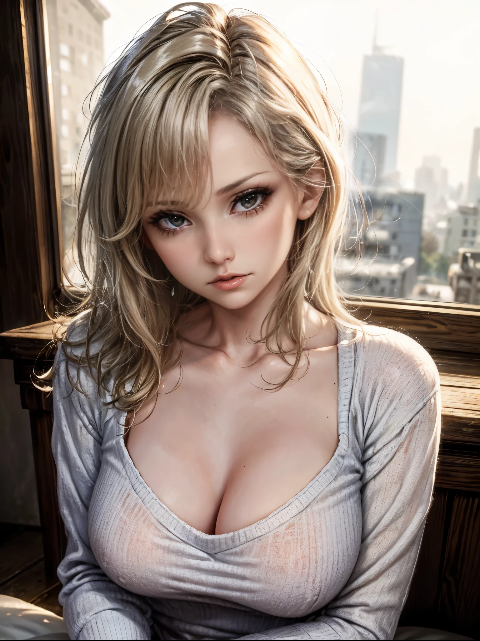 a woman wearing a short white wool sweater, deep cleavage, photorealistic, 8k, high quality, intricate details, hyper realistic, natural lighting, soft shadows, warm color tones, detailed fabric texture, liz.ashley