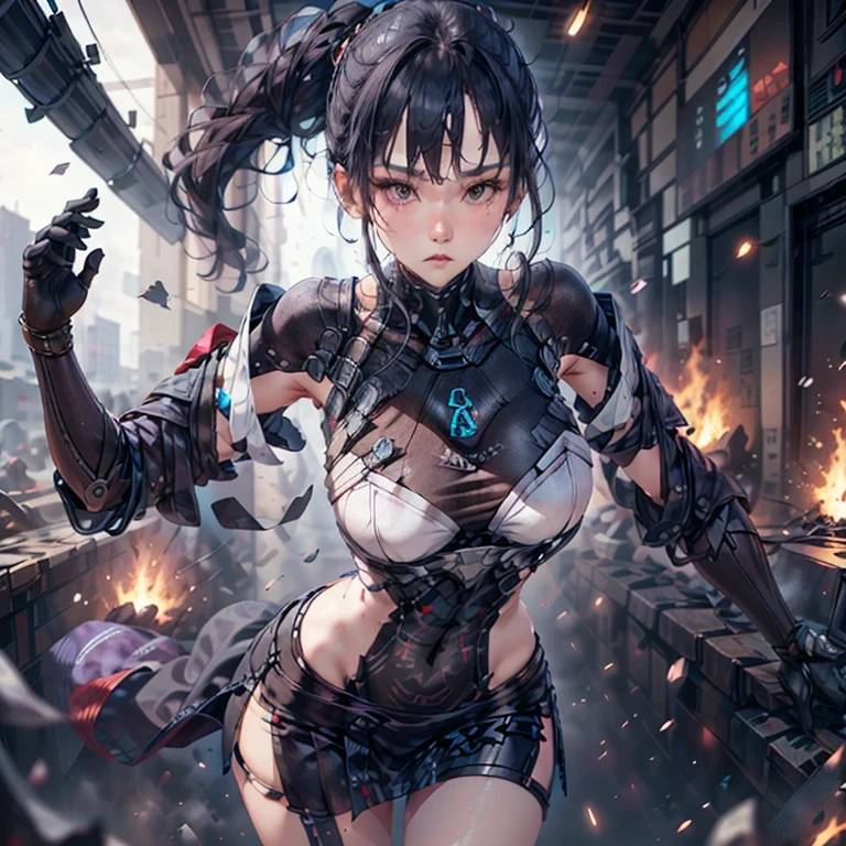 Top image quality, 电影灯光, octan render, ultrasharp, 1 girl in, japanes, embarassed face, glowy skin, Brown hair, Futuristic pilot suit, cleavage of the breast, Exposure of the abdomen, intricate detailes, Runaway, Running at full speed, Breaking through the glass, Flying glass fragments, cyberpunked, Night sky with countless stars twinkling, Shining Milky Way, Heavy rain:1.3, Ruins, Laser beam attack, big explosion:1.3, Pillar of fire:1.2, A city engulfed in flames, floods, wetting hair:1.5, wetted skin:1.5, puddle, Detailed eyes, detailed skin textures, cammel toe, Detailed CG image quality, 8mm fisheye lens, Angle looking up from below:1.2, (Full Body Angle), The whole body is soaking wet, Fast shutter speed,