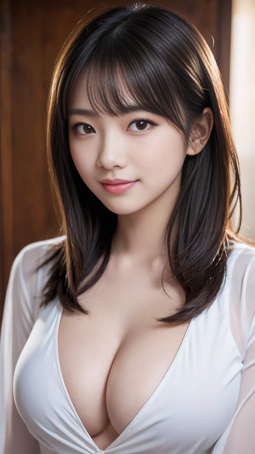   white shirt, beautiful目, Idol, Feminine dark hair   , (  Delicate and realistic hair, 1 1 Realistic Hair), bangs,   natural colored lips, smile, ((white indoor)), indoor, (  18 year old woman  : 1. 2),    young and adorable Japanese face,   Official Art,   high definition  CG Unity 8k 壁紙, (masterpiece: 1.0) , (  best quality: 1. 0), (  best quality: 1. 0), Ultra   high definition ,4K,  Very detailed,   Pictures that can be determined to be unsafe ,8k, Nough Doh  ,  high definition ,  Kodak Portrait 400 ,  Film Grain,  lens flare グロー,  best quality,8k, Nough Doh  :1. 2),   as a portrait shot ,8k,  Show viewer  , ((masterpiece)), ((  best quality)), (  super detailed), ((cute)), (Nice), ((  sexy)), ((  Very detailedな)), (detailed clothing features), 4K, (8k), (beautiful), Illustration, beautiful日本人の女性, ((1 female)), beautiful black hair, (Long Hair:1.2), ((beautiful eyes)),   lens flare, (((Front View))), ((facing))、(Bold Cleavage : 1.3)、 (Tight chest : 1.3)