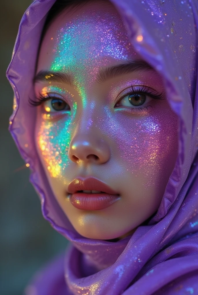 The colorful skin of an Indonesian woman in a futuristic purple velvet hijab, her gaze sharp and focused, her skin changing between soft purple and bright blue-green.