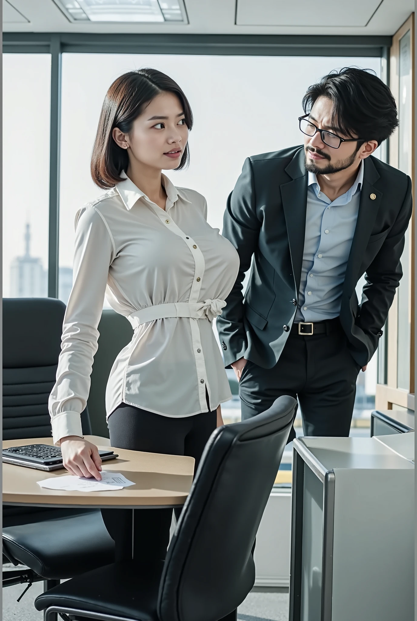 A strong dom alpha male, shirtless standing in office and he's the boss and bullying and crushing his weak, submissive colleague for not doing work