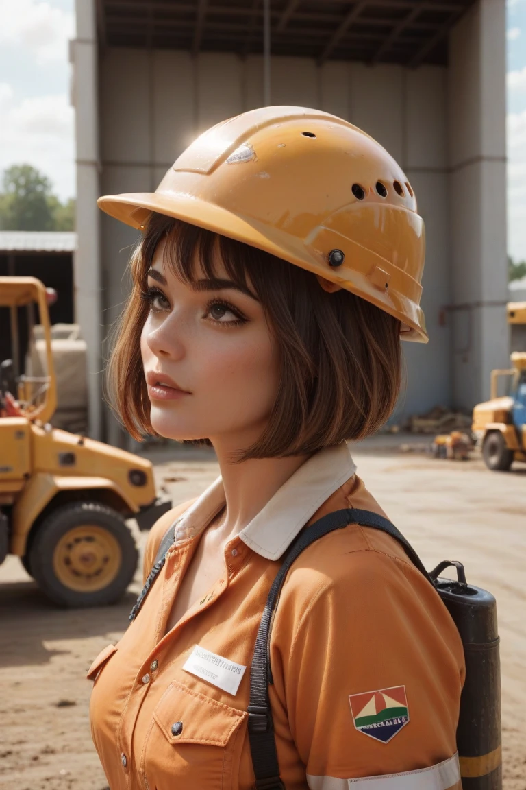 Actual quality,  super high definition ,  A beautiful young woman is wearing a work suit,  high definition ,  bob cut hair,  medium shot , ( smiles),   construction site background looking up,  wearing a helmet , Orange based work clothes ,  EROTIC POSES ,  looking at the camera, My chest loosens