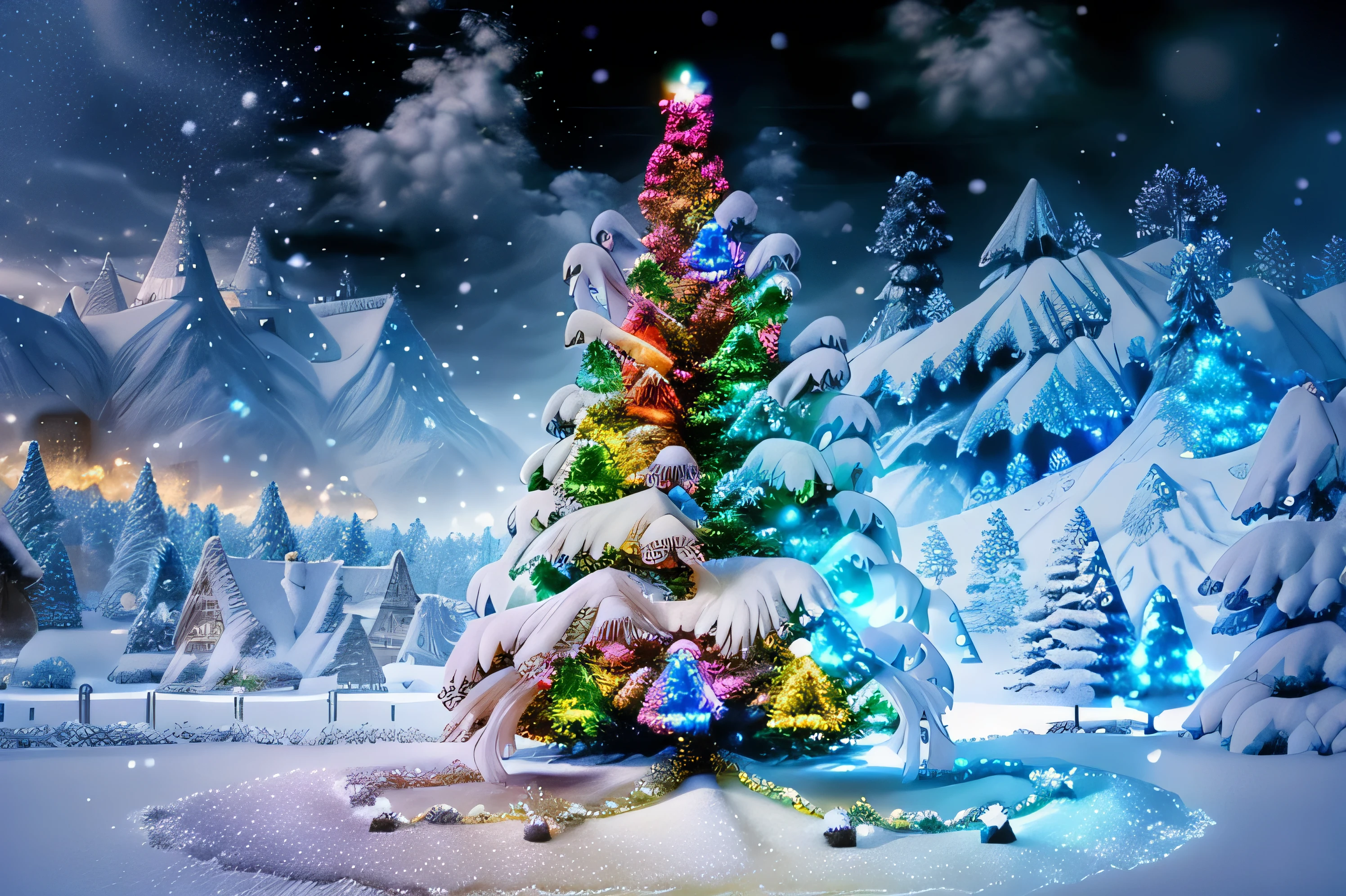 colorful tree covered with snow at christmas, Decorations,  fantasy ,  Movie-like 