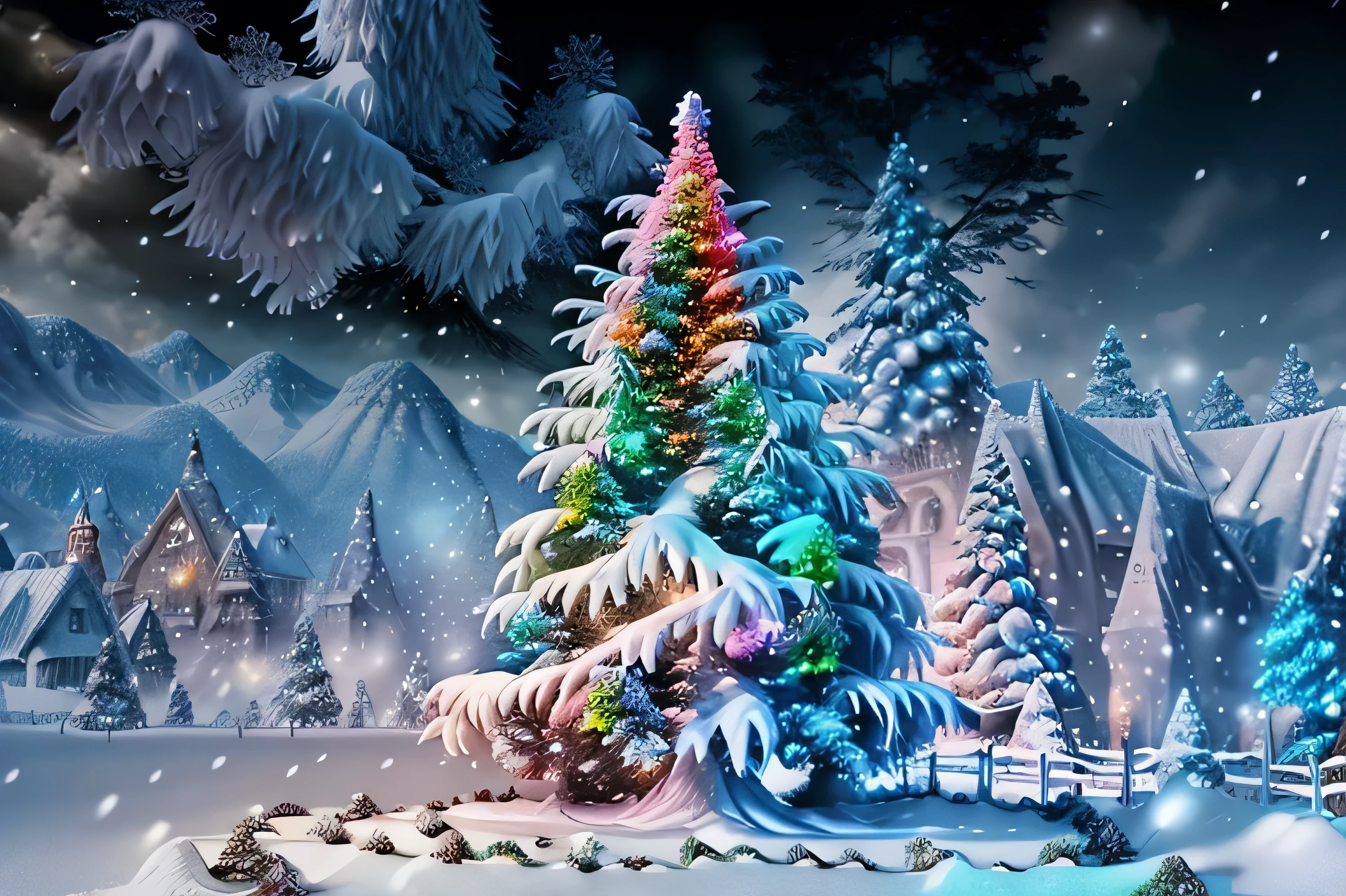 colorful tree covered with snow at christmas, Decorations,  fantasy ,  Movie-like 