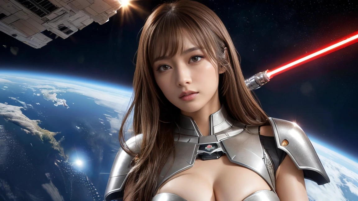 ((masterpiece,  best quality,  high definition ,  8k wallpaper incorporating highly detailed CG , super detailed)), ( huge and stunning goddess shot ,  very hot and sexy ,  Incredible Beauty , Perfect Proportions,  beautiful body, Slim body beauty:1.3)、 Japanese、Mature Woman、 beautiful face、Beauty、Beauty、 cute woman sitting、Alluring、 super big boobs、Cute eyes、Detailed Eyes、Brown eyes、 long lashes、 brown hair、Armor of the future、Armor of the Future、Space Station、 lightsaber、 Star Wars