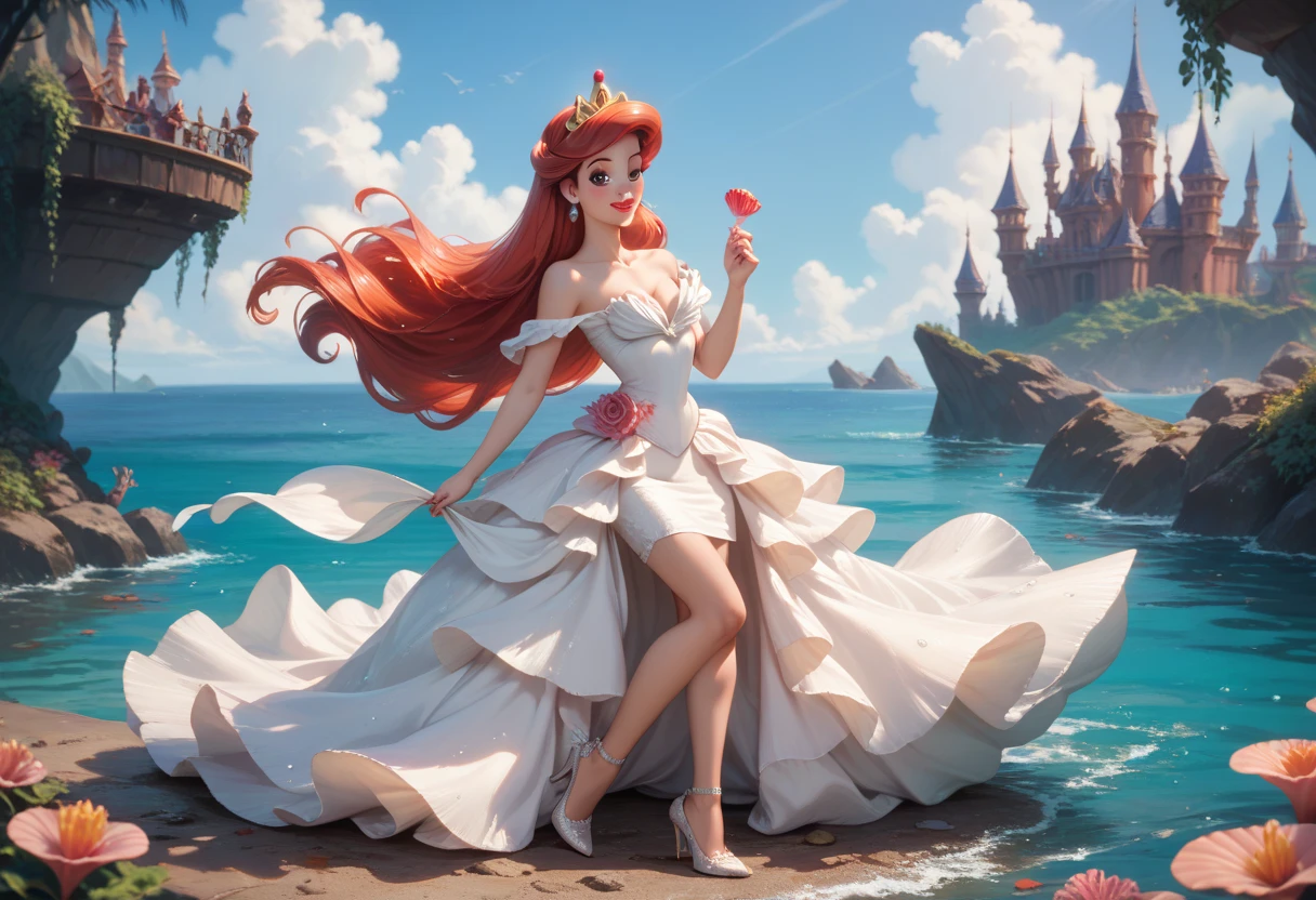 Full-body view of an evil dark mad bad dark side Disney princess, specifically Ariel from Ariel the Mermaid, beautiful white princess dress, detailed style. Sexy make-up.