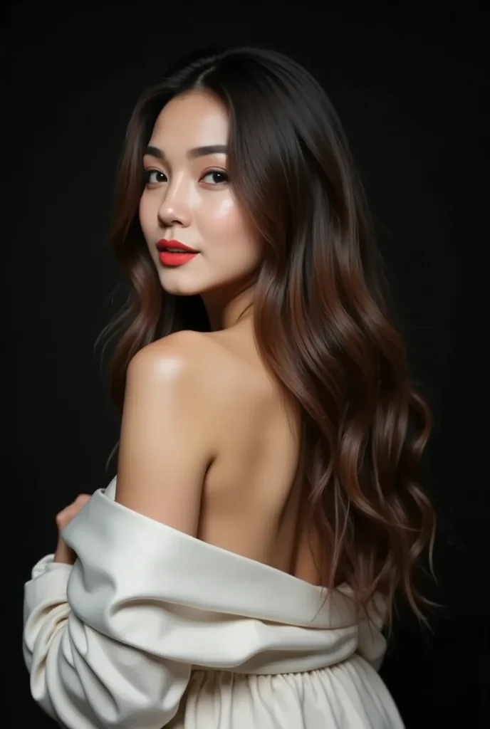 Amira stands with her back to the camera, her long brown hair is messy, as if she is bare back and only covered by a white satin blanket, her face is seen slightly to the left, her eyes are closed, softbox, void black background, backlight, UHD, HD, 8k, rembrandt lighting