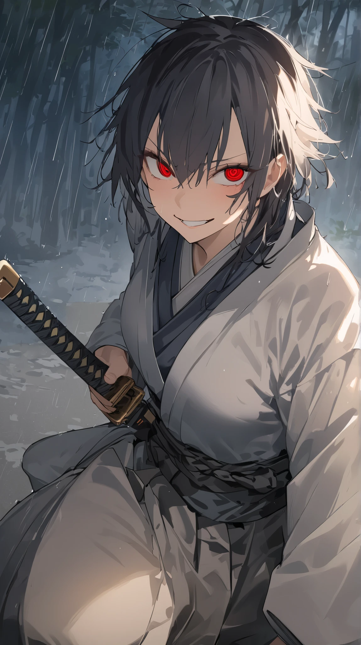  picture of a female samurai with a sword removed from the scabbard , 8K Ultra HD,  soft lighting ,  High Quality ,  Film Grain,  Fujifilm XT3 、最 High Quality , masterpiece,  high definition ,  Samurai Girl,  Japanese Knife を持つ,  beautiful posture,Moonlit Night,bamboo forest,chest,  1 girl ,  high definition ,  shortcuts,Tall、The hair is gray ,  is white, as beautiful as snow、Red eyes, Handsome beauty 、samurai、 Japanese Knife 、 very short hair,  adult woman、A beautiful woman in men&#39;s clothing、solo, Woman in her early 20s、 is cool、Mature atmosphere、Spiked Hair、 turning your gaze ,  Illustration , Grin, makes me drool, Grin, Crazy Eyes,  crazy smile , Imaginary line eyes, Patience face,  rough breathing,  open your mouth slightly, I'm excited to slay people、excited,Tallの adult womanである、Medium to medium height ,Japanese Sword 、Natural curls, Spiked Hair, There is murderous intent.,My clothes are wet from the rain, It's raining,The number of fingers is accurate ,Japanese longsword, on all fours,Iaido, Iai Kari,Close up,  Long Sleeve ,The length of the blade of the sword holding the hand ,No hands ,I don&#39;t draw hands,Black Scabbard,Moon mark on scabbard, wolf cut, Put one knee on the ground,black scarf around the neck, back in my kimono and my blood is flying,Kimono is wet due to rain ,I have a basket with both hands 