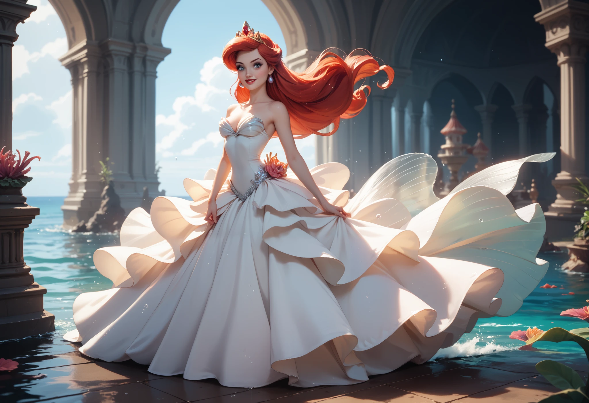 Full-body view of an evil dark mad bad dark side Disney princess, specifically Ariel from Ariel the Mermaid, beautiful white princess dress, detailed style. Sexy make-up.