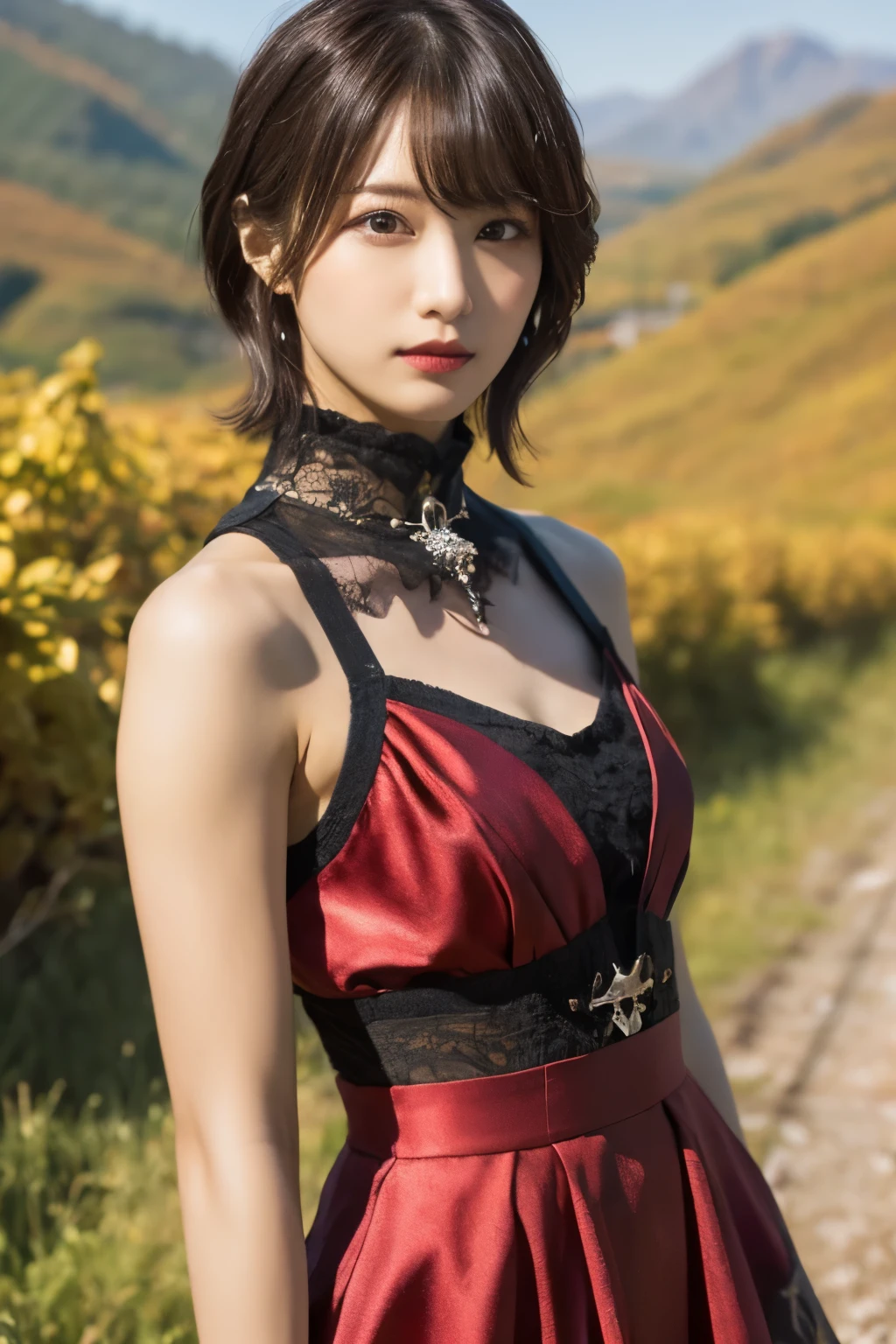  1 girl, A very beautiful portrait of a Japanese singer, ( Red Dress ), ( gothic makeup ),
(RAW Photo Best Quality), (Realistic, Realistic:1.4), (masterpiece), 
 Very detailed, 2k wallpaper, wonderful, finely,  Very detailed,  CG Unity 8k Wallpaper ,  Very detailed,  high definition , Soft light, 
 Beautiful Girl Carefully Drawn in Every Detail ,  Very detailedな目と顔,  Beautiful and Elegant Nose ,  beautiful beautiful eyes,  Film Lighting , 
(Bromide photography ), (short hair), ( The girl is standing on an abandoned railway line in a rough mountainous area:1.2), ( covered with weeds and rusted railroad tracks ), (An unmanned home with no roof and weeds growing ), (Decayed sleeper ), (autumn leaves),
 perfect anatomy, 細身の体,  smaller breasts, Thin legs, whole body