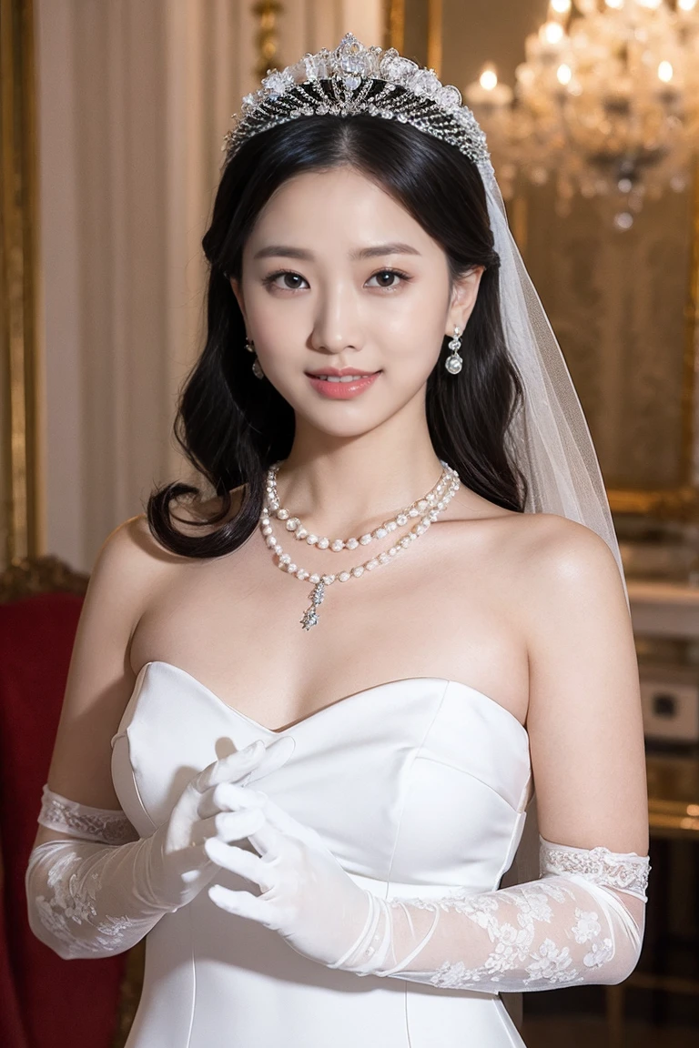 jewelry, 1girl, dress, necklace, realistic, white dress, indoors, hair ornament, looking at viewer, gloves, pearl necklace, earrings, flower, mole, elbow gloves, black hair, solo, upper body, smile, mole under mouth, hair flower, white gloves, solo focus, bare shoulders, wedding dress, lips