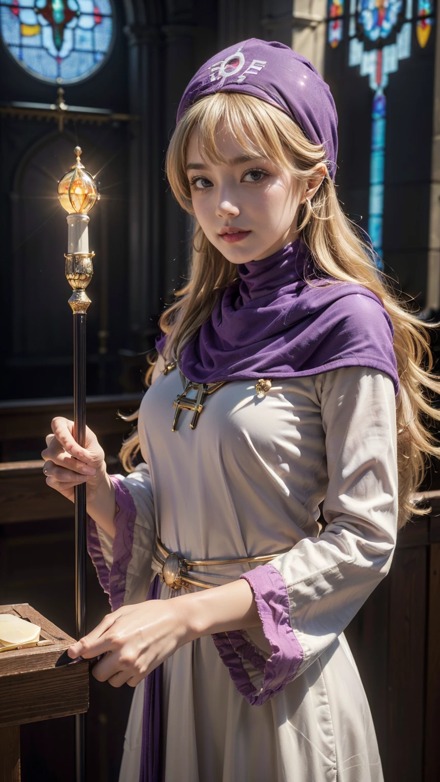 (smile), cute face , best quality   , bangs  , big clear  eyes, very beautiful light eye highlights,  earrings, best quality, ((dqPom, purple hood, 1:4.blonde hair, long hair. robe, upper body, holding staff))、 looking at viewer, slight,(masterpiece, best quality:1.4, 8k, raw photo, photo realistic:1.2, ultra realistic, 16 k , Film type light, potrait photography,  looking at viewer. 1girl,  blonde hair, long Curly　hair, GEME ICON、
Ultra-high resolution、(masterpiece:1.3), (8k, Best image quality: 1.4)、 (Real:1.4)、One beautiful woman、Beautifully detailed eyes and skin、Hair swaying in the wind、Small Bust、photo realistic:1.2, RAW Photo, Best Quality,  ultra realistic,detailed, 16 K , Film type light, potrait photography、CastleBreizh.
 ( facial ultra-high density skin)、( very detailed、Super detailed),((detailed face,  professional photography, church,  stained glass , Holy Light  ,  Watch Viewers,  standing