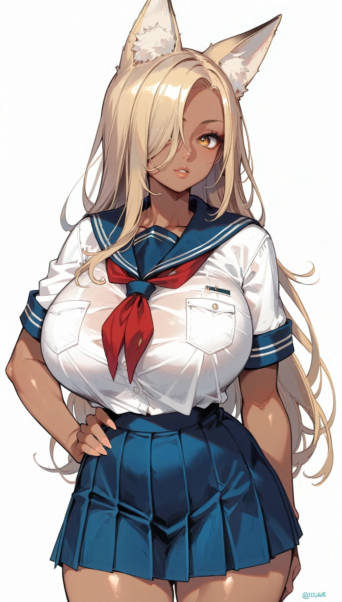 score_9, score_8_up, score_7_up,(hi-quality,high resolution),(brown skin:1.3),(Fox Ears),big eyes,Clear Eyes,Perfect Eyes,(forehead,long hair over one eye),((side parted hair)),Blonde,Long Hair,Straight Hair,Delinquent Girl,gal,((huge breasts)),((school uniform)),((curvy)),(wide hip)