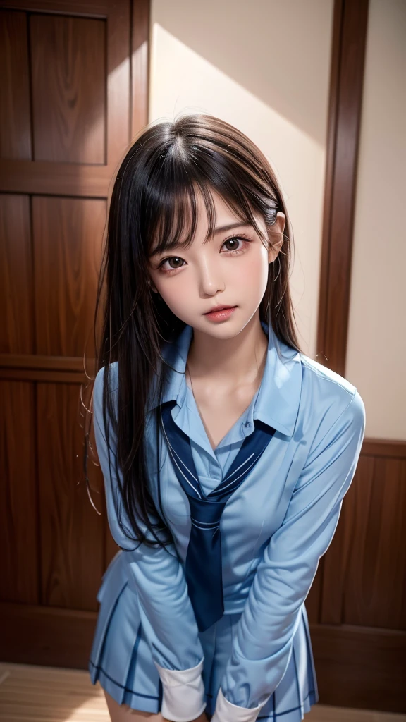 8k, raw photo, masterpiece, extremely detailed, best quality, only 1 girl, sfw, beautiful girl, high quality, (looking up the viewer), 18 years old, lewd smile, bitch, lewd, blush, (a girl begs the viewer to have sex with herself), (she has very strong sexual desire), sweat drop, shame, drool, love juice, school girl