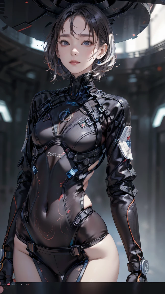 cyberpunked、(Raw photo, Highest Quality, masutepiece), (Realistic, Photorealsitic), (ultra-detailliert), ((High contrast)), (High color saturation), (Beautiful detail eyes), ((Very delicate and beautiful)), (nice hand, Perfect hands), ((5 precise fingers)), (Cyber City), Futuristic cities,plein air,Watch Viewer, 1人の女性, 独奏、red blush、 blue eyess, white hair, length hair, Red color mesh, side locks, asymmetrical bangs, beautiful detailed Glass hair, Fluttering hair, Colossal tits、Short White Leather Jacket、Many patches on the jacket,Logo patch,Coat of arms patch,body suit, Black Gloves,impossible bodysuit, intricate clothing, Long sleeves, Thick black leather bikini, Black leather with a rough surface, cybersuit, Complex patterns on the surface of the suit, Fine parts, ( Very shiny clothes), (((Very shiny skin))),((juicy skin)), Big cleavage, Toned belly, Split abs,mechs,Roboart, Electromechanical, steampunc,actionpose