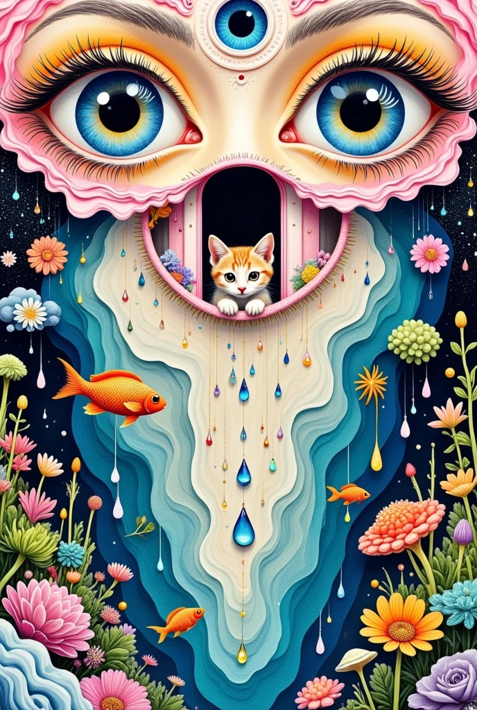   A surreal abstract painting ， depicts eyes with a door inside the iris,   A kitten living inside a door  ,   There are flower petals  ,   Pearl tears flowing down  ,  Tears waterfall  , fish,  fantastic illustration , Layered clouds 