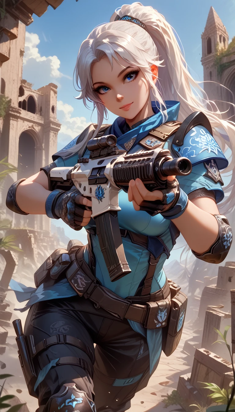 ultra-detailed, 1girl, j37t, ((masterpiece)), (best quality), (highres), 16K, long hair, white hair, blue eyes, ponytail, wearing tactical clothes, tactical belt, knee pads, black panties, busty body, large breasts and a beautiful ass, showcasing cleavage, legs, hips, (holding assault rifle), looking at viewer, smile, detailed face, detailed hair, detailed body, ruins background