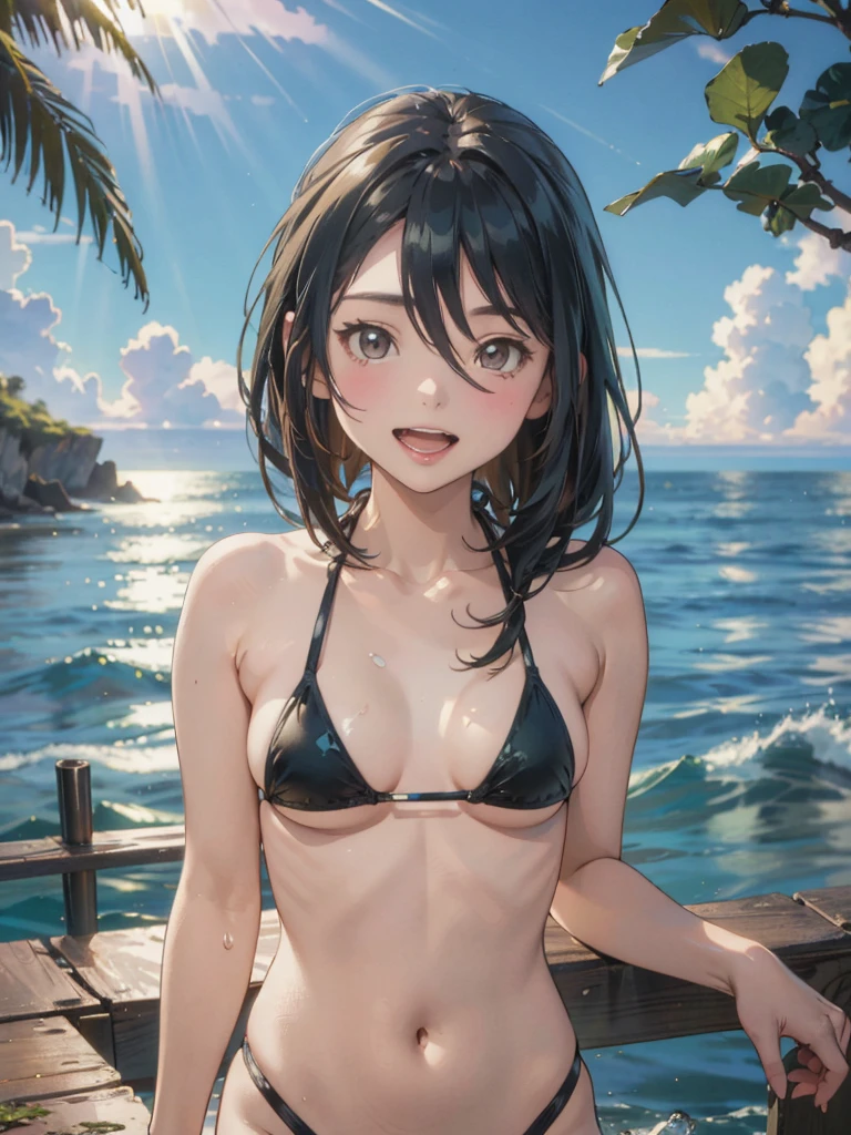 best quality, (masterpiece:1.2), highly detailed,
ocean, water, splash, sunrays,
Suzuno Kamazuki, upper body,
1girl, solo, standing, looking at the viewer, open mouth, smile, teeth,
((NSFW)),((Micro bikini - swimsuit with a small area)),