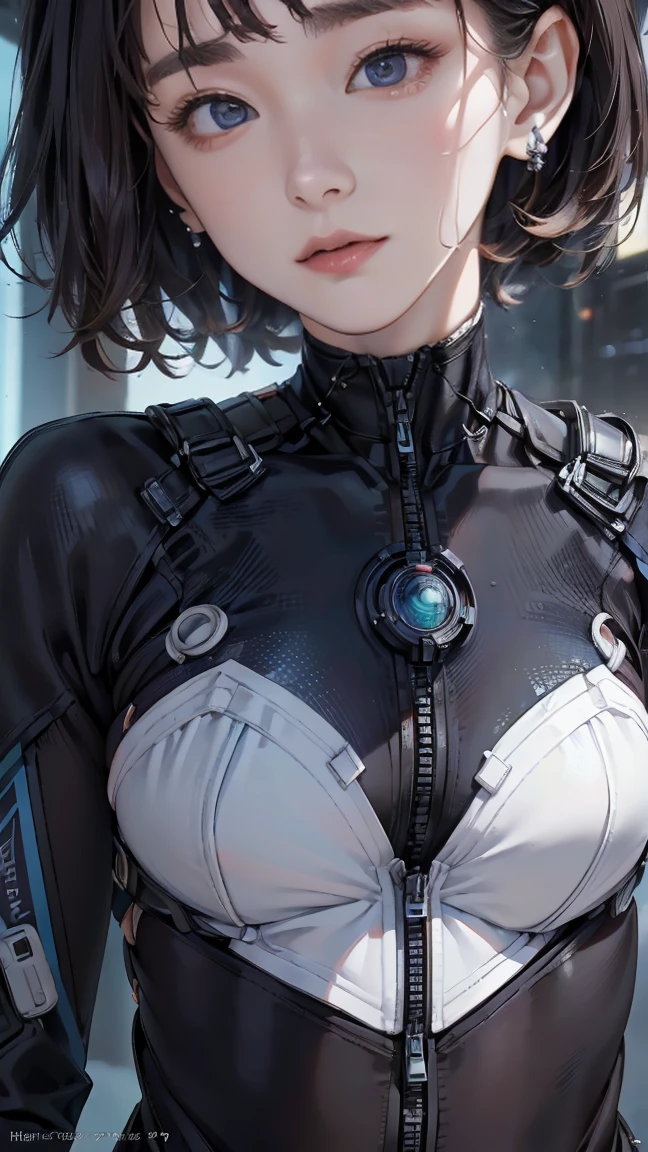 half body shot, 16K, HDR, UHD, best quality, RTX, ray tracing, hyper realistic, ethereal, masterpiece, anime style, dystopian city, modern age, futuristic, detailed female body, beautiful woman, wearing vibrant fluorescent casual streetwear, translucent clothing, chromatic aberration, holographic, iridescent thin film RGB clothing, sleeveless, cleavage, big breasts, ultra beautiful detailed eyes, hyperdetailed face, complex, perfect, model, textured, chiaroscuro, professional make-up, realistic, rough, dominating, figure in frame, by WLOP, cinematic lighting, award winning