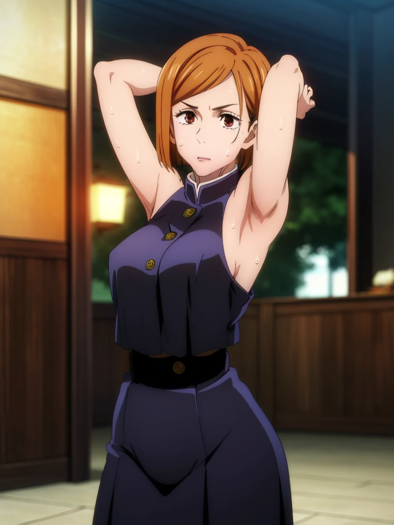 (masterpiece), (best quality), (ultra-detailed), (best illustration), (best shadow), (absurdres), short hair, orange hair, ((brown eyes)), kugisaki nobara, 1girl, solo, bangs, wearing black crotop, turtleneck, sleeveless,evil smile, long sleeves, looking at viewer, upper body, armpits, armpits visible,