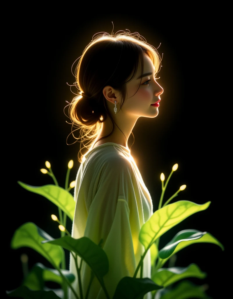 Minimalistic illustration of a glowing girl with inverted colors. The outlines are luminous and inverted, blending seamlessly into a soothing botanical theme. Surrounding the girl are semi-transparent green leaves with delicate veins, softly gradiented to enhance the ethereal effect. The background is entirely black, amplifying the glow and serenity of the composition. The artwork employs a watercolor effect combined with soft digital airbrushing, creating a serene, airy atmosphere. The girl's silhouette is emphasized with radiant lines, and the overall scene is delicately balanced with an elegant glow and shine.