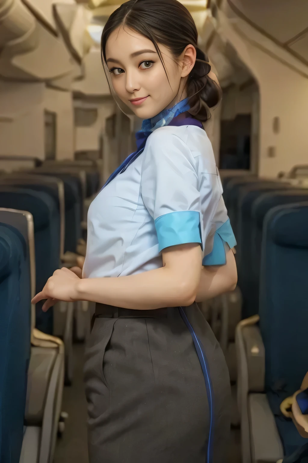 (masterpiece:1.2,  best quality:1.2), 32kHDR,  high definition, (Alone、  1 girl)、（ Rooftop of a building during the day 、 Professional Writing ）、 With the roof of a building in the background 、（ANA cabincrew uniform blueを着たリアルスタイル）、（（ANA cabincrew uniform blue blue short sleeve blouse 、ANA cabincrew uniform blue BLUE SKIRT WITH A BLUE LINE IN THE BACK、 Scarf around the neck ））、  lots of dark brown hair 、（Long Hair、Hair tied up、Hair tied up, Braid Summary Hair ）、  lots of dark brown hair 、Long Hit、Big Breasts、Thin legs、（（ amazing hands：2.0）），（（  Harmonious body proportions against the background of a building roof ：1.5）），（（Normal limbs：2.0）），（（Usually ：2.0）），（（  Delicate Eyes ：2.0）），（（Normal eyes：2.0））)、smile、（ANA cabincrew uniform blueを見せた美しい後ろ姿）、Hands crossed underneath 
