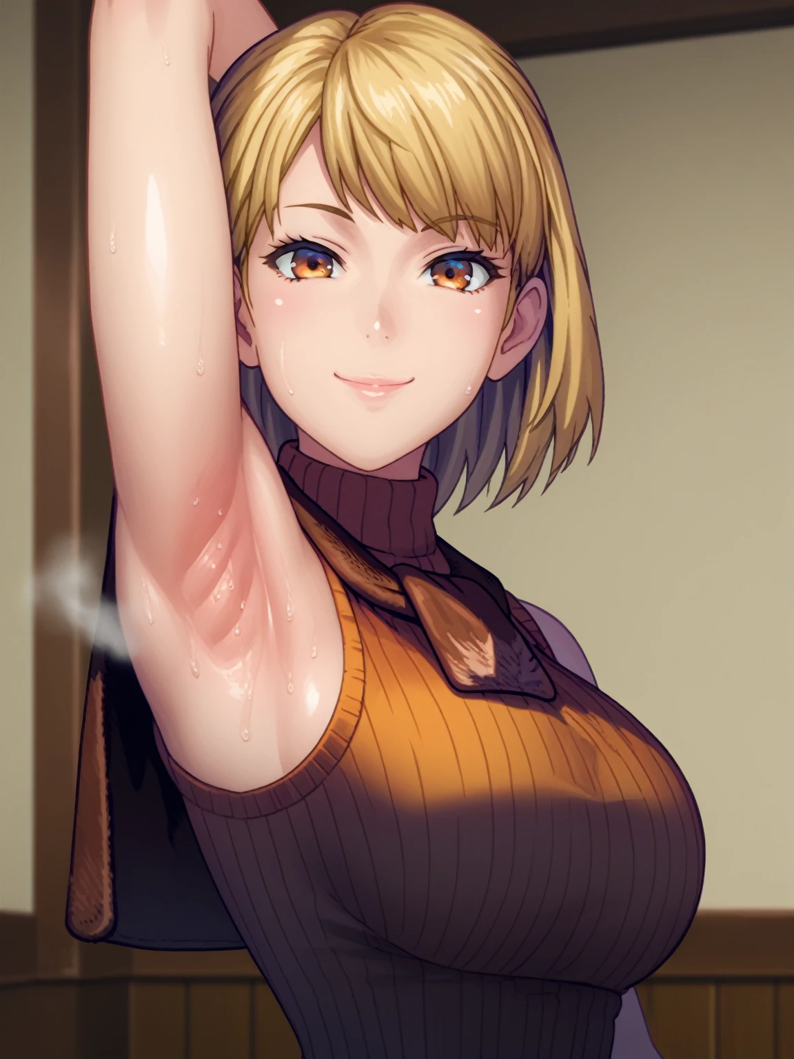 score_9, score_8_up, score_7_up, source_anime, anime screencap, 1girl, solo, Ashley Graham, orange eyes, blonde hair, orange sweater, sleeveless sweater, turtleneck sweater, ribbed sweater, arm up, raised arm, armpit, from side, looking at viewer, head towards viewer, smile, closed mouth, badhandv4, indoors , detailed armpits, sweaty armpits, armpit steam